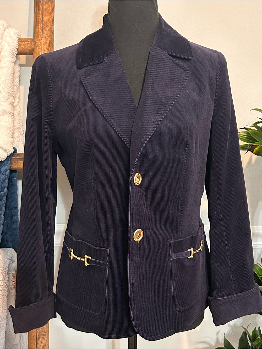 Talbots Classic Navy Corduroy Blazer with Gold Accents Size 8P